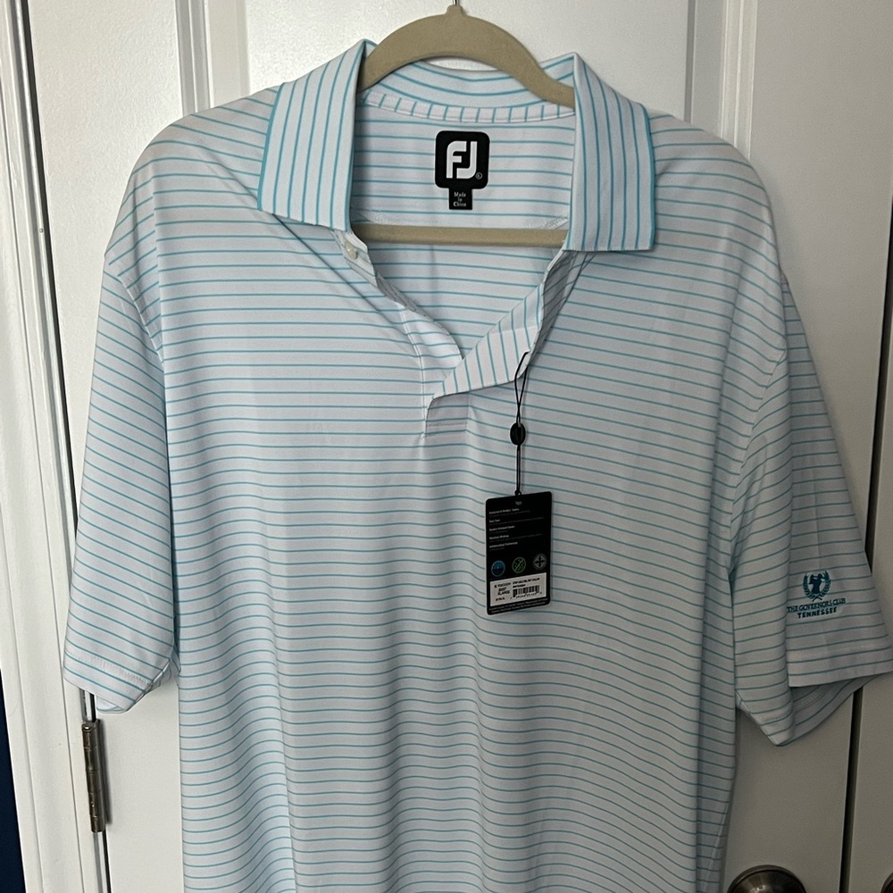 Footjoy golf polo, white with light blue stripes.